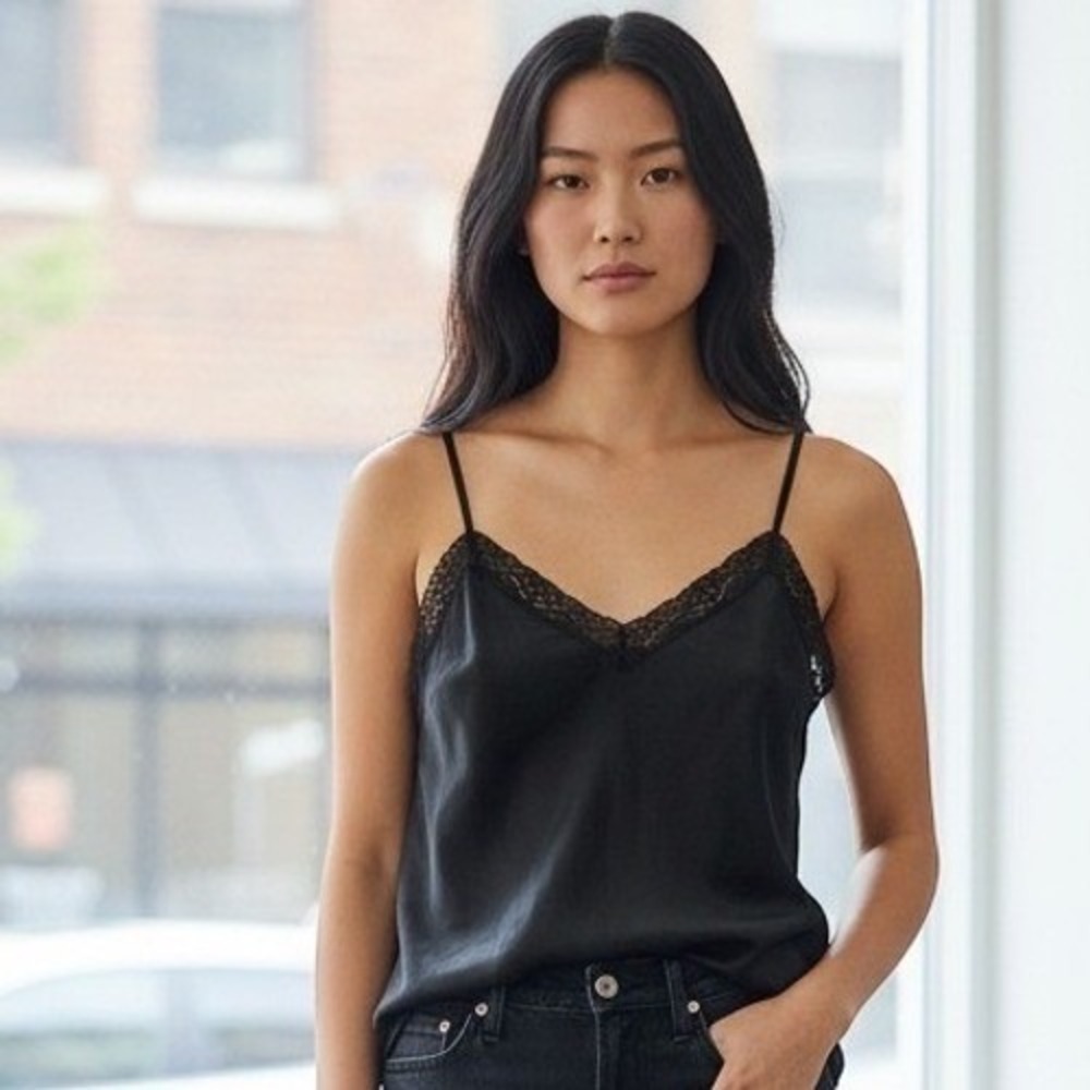 Johnny Was Cami Women M Black Excellent Silk Lace Trim Adjustable Straps R11519